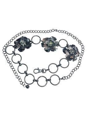 Flower Chain Link Embellished Silver Tone Belt